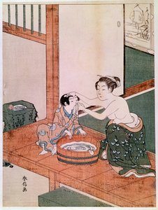 En nøgen mor vasker sit barn i Japan nær et bassin fyldt med vand. Tryk af Haronobu Suzuki (1725 -1770). 1766-1768. Svag. 0,27x0,201 m. Paris, Guimet-museet, Nationalmuseet for asiatisk kunst