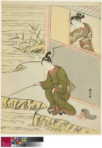 Skønhed driller en ung mand, der fisker, ca. 1768 af Suzuki Harunobu