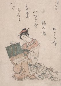 Beauty Unrolling Scroll, ca. 1770 (farvet træsnit på japansk papir) af Suzuki Harunobu