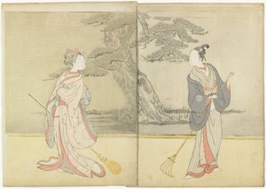 Kalendertryk af Meiwa 2 and a Mitate of the No_ Play Takasago, 1765 af Suzuki Harunobu
