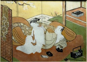 Et par elskende liggende i et interiør med skærm, kalligrafiboks Nishiki-e print (Nishiki e) af Suzuki Harunobu (1725-omkring 1770) 1765 ca. Sol. 20,6x27,8 cm Privat samling af Suzuki Harunobu