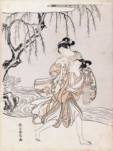 Par på bredden af floden, af Suzuki Harunobu (1725-1770), blæk og farver, Japan, japansk civilisation, Edo-perioden af Suzuki Harunobu