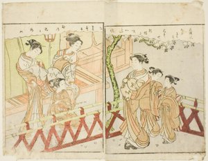 Dobbeltsidet Illustration fra Vol. 2 af "Billedbog af Spring Brocades (Ehon haru no nishiki)" af Suzuki Harunobu