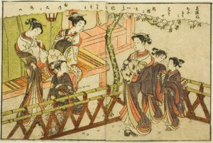 Dobbeltsidet Illustration fra Vol. 2 af "Billedbog af Spring Brocades (Ehon haru no nishiki)" af Suzuki Harunobu