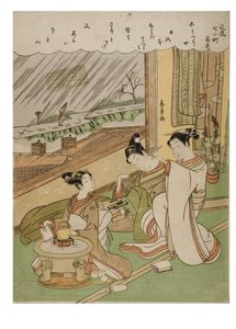 Moderigtige 7 Komachis -Komachi Amagoi, ca. 1772-1773 (træbloktryk på papir) af Suzuki Harunobu