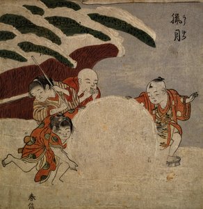 Fire drenge laver en snebold, ca. 1768 (træbloktryk i farver) af Suzuki Harunobu