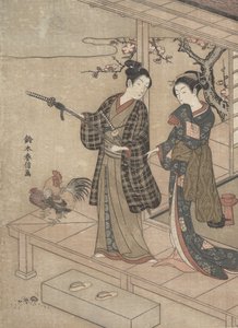 Gentleman tager afsked med sin frue på en veranda. af Suzuki Harunobu