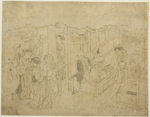 Nøglebloktryk til The Introduction (Miai), det første ark fra serien "Marriage in Brocade Prints, the Carriage of the Virtuous Woman (Konrei nishiki misao-guruma)" af Suzuki Harunobu