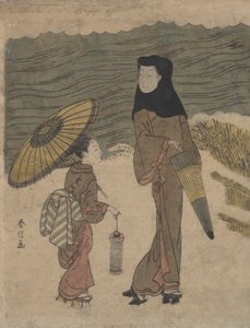 Dame med sort hætte og paraply ude at gå med ung ledsager. af Suzuki Harunobu