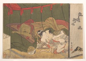 Elskende under et myggenet af Suzuki Harunobu