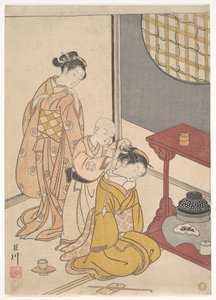 Natregn ved stativet med dobbelthylde, fra serien Otte stueudsigter (Zashiki hakkei) af Suzuki Harunobu