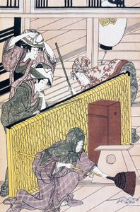 Tjener jagter mus i huset, ukiyo-e kunsttryk af Suzuki Harunobu (1725-1770), træsnit, japansk civilisation, Edo-periode af Suzuki Harunobu