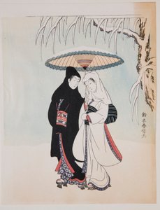 Spadseretur under en parasol i sneen af Suzuki Harunobu