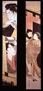 The Assignation: Two Lovers at a Gate, ca. 1768 (træbloktryk i farver) af Suzuki Harunobu