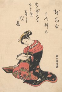 Kurtisanen Kasugano skriver et brev, ca. 1765., ca. 1765. af Suzuki Harunobu
