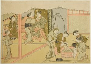 Den første fødsel (Uizan), det syvende ark i serien "Marriage in Brocade Prints, the Carriage of the Virtuous Woman (Konrei nishiki misao-guruma)" af Suzuki Harunobu