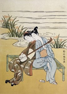 Shamisen: par, der spiller shamisen (eller samisen: langærmet lut med tre strenge) - af Harunobou, i "Japan artistique""", juli 1890 af Suzuki Harunobu