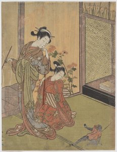 To piger ser på en abe i snor af Suzuki Harunobu