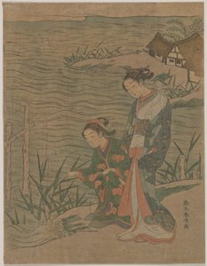 To unge damer ved stranden af Suzuki Harunobu