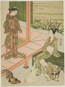 Ser en hanekamp på kanten af verandaen af Suzuki Harunobu