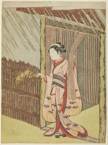Kvinde holder en gren af Kerria-blomster i regnen (parodi på Ota Dokan) af Suzuki Harunobu