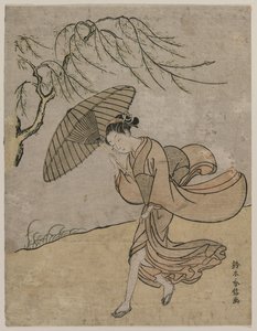 Kvinde løber forbi et piletræ i en brise, 1766 eller 1767. af Suzuki Harunobu