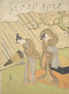 Ung mand og kvinde fanget i regnen, mens de nyder kirsebærblomster Sakura-gari..., ca. 1768-70. af Suzuki Harunobu