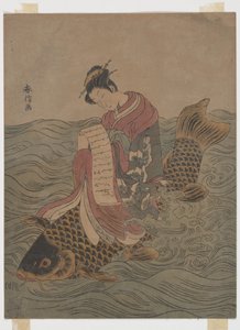 Ung kvinde ridende på en karpe af Suzuki Harunobu