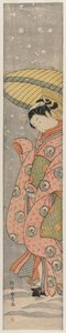 Ung kvinde stående under en paraply i sneen, 1767-1768. af Suzuki Harunobu