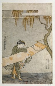 Ung kvinde, der passer en kakemono, sætter sig fast på et træ. Japansk tryk af Harunobu Suzuki (1725-1770) af Suzuki Harunobu