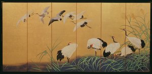Seksfoldet skærm, der viser rør og traner, Edo-periode, japansk, 1800-tallet (farve på forgyldt silke)