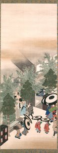 Yoshiwara og Shinagawa, Edo-periode (blæk, farve og guld på silke)