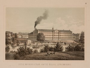 Bomuldsmølle, Stromsbro, Sverige, ca. 1840 (farve litho) af Swedish School