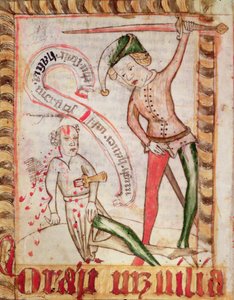 Forbrydelse, fra Magnus Erikssons (1319-64) nationale lovbøger, ca. 1450 (pergament)