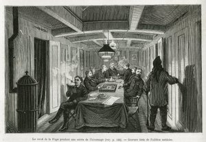 Pladsen i La Vega, i løbet af en vinteraften, og besætningens aktiviteter: læsning, skak- og backgammonspil samt likørsmagning. Gravering fra den svenske udgave, for at illustrere historien "" Voyage de la Vega rundt i Asien og Europa", af Ni af Swedish School