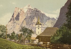 Berner Oberland: Grindelwald med kirke (farvet foto) af Swiss Photographer