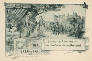 50 års jubilæum for, at Neuchatel erklærede sig selv som en republik i det schweiziske forbund i 1848 (litho) af Swiss School