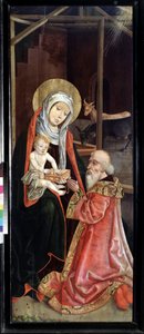 Tilbedelsen af ​​Magi, Jomfru og Barn. Maleri af en schweizisk mester (begyndelsen af ​​1500-tallet). Olie på træ af Swiss School