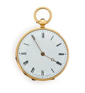 Moulinie med åbent nøgleopviklet cylinderlommeur, Geneve, indgraveret 30. juni 1846 (guld) af Swiss School