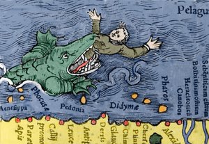 Havmonster spiser et menneske, illustration fra 