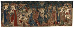 Rygtapet af fire scener fra Jomfruens liv, fra Basel, ca. 1450-75 (uld og hvide hørtråde) af Swiss School