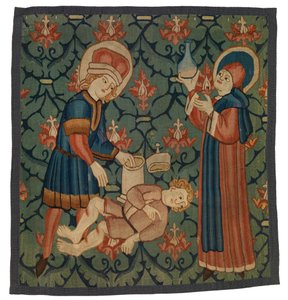 Gobelin-fragment, der forestiller St. Cosmas og St. Damian af Swiss School