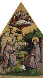 Den mirakuløse fodring af Saint Anthony og Saint Paul Eremitten (blandet medier på træ) af Swiss School
