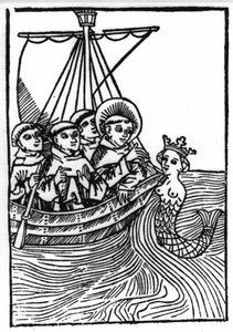 Legenden om Saint Brendan (Brandan), helte og irsk helgen fra det 6. århundrede. St. Brendans møde med Sirene. Indgravering af "" Die Wunderbare Meerfahrt des Hl. Brandan." balle af Swiss School