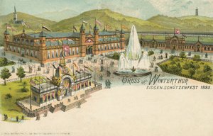 Skydefestivalen i 1895 i Winterthur, Schweiz (farve litho) af Swiss School