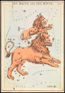 Leo Major og Leo Minor, ca. 1825 (kort, papir, silkepapir) af Sydney Hall