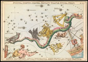 Noctua, Corvus, Crater, Sextans Uraniae, Hydra, Felis, Lupus, Centaurus, Antilia Pnuematica, Argo Navis og Pysix Nautica, ca. 1825 (kort, papir, væv) af Sydney Hall