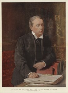 Jarlen af Rosebery taler i House of Lords (farve litho)