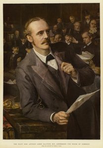 Højre ærede Arthur James Balfour, MP, taler til Underhuset (farve litho)