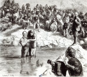 En dåb af nordamerikanske indianere - mormoner, der poserer som Kristi apostle, 1892 af Sydney Prior Hall